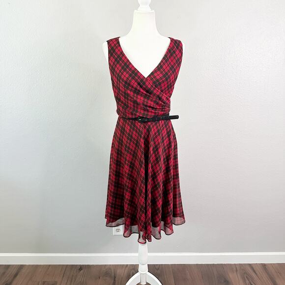 Lauren Ralph Lauren Dresses & Skirts - Lauren Ralph Lauren Red Black Plaid Sleeveless Surplice Belted Dress - Size 6